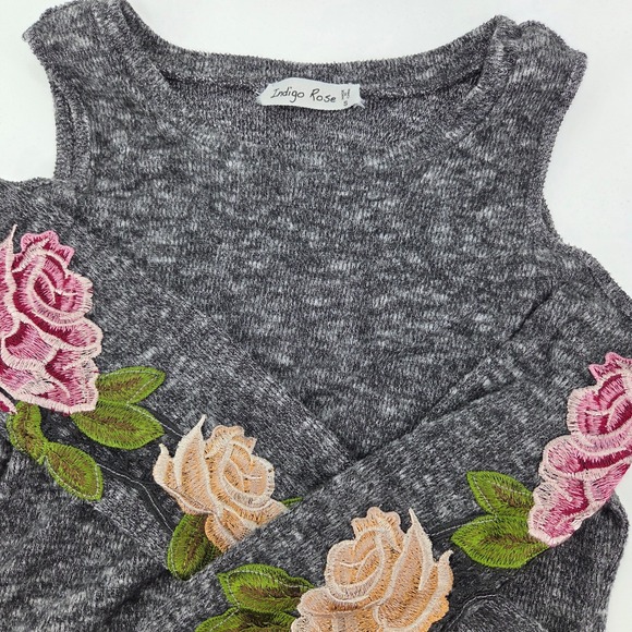 indigo Rose Sweaters - Indigo Rose Cold Shoulder Sweater Floral Embroidered Grey Knit Top Women's Small